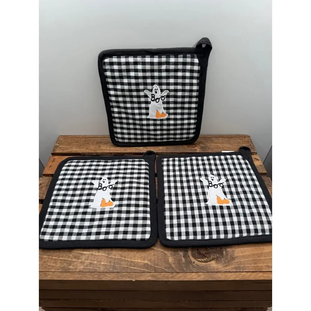 Set of 3 Halloween Pot Holders -Black White Gingham Check Embroidered -Ghost Boo